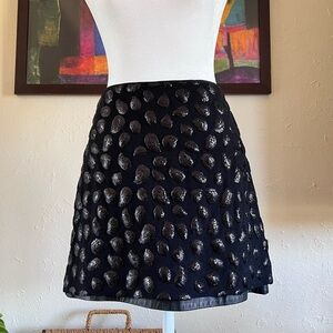 Diane Von Furstenburg DVF Black Sequin Mini Skirt Leather Trim